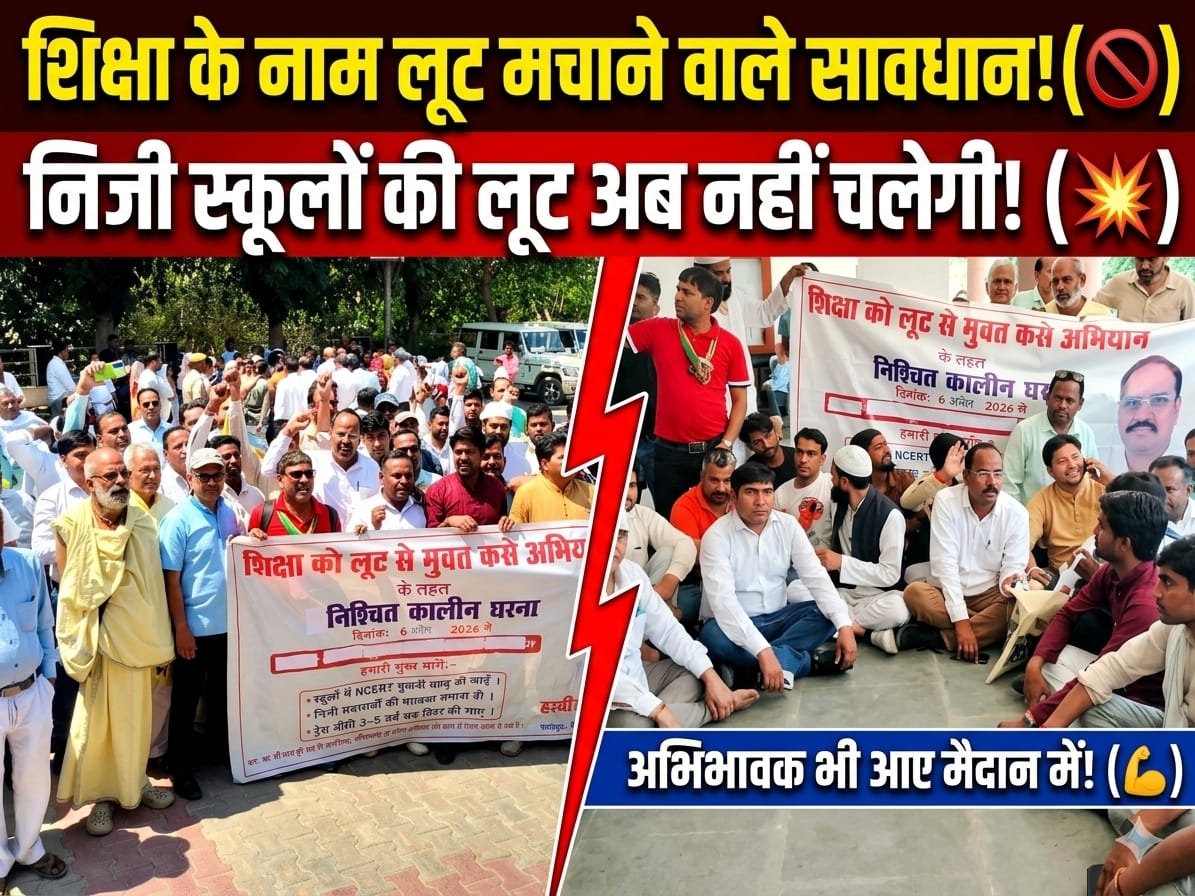 KASGANJ NEWS कासगंज में स्कूलों की मनमानी के खिलाफ फूटा गुस्सा, NCERT किताबें लागू कराने को अभिभावकों का धरना
