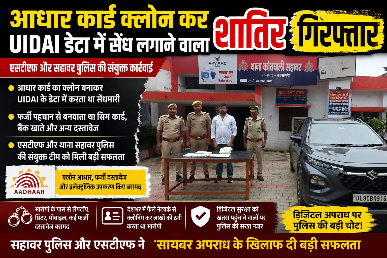 KASGANJ NEWS आधार कार्ड क्लोन कर UIDAI डेटा में सेंध लगाने वाला शातिर गिरफ्तार, एसटीएफ और सहावर पुलिस की संयुक्त कार्रवाई
