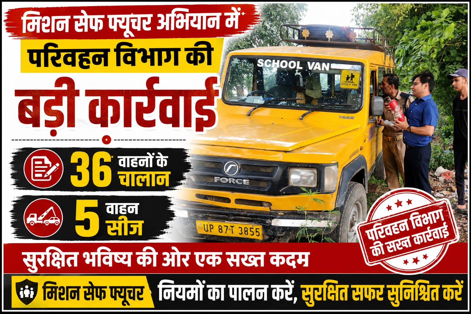 KASGANJ NEWS मिशन सेफ फ्यूचर अभियान में परिवहन विभाग की बड़ी कार्रवाई, 36 वाहनों के चालान, 5 वाहन सीज