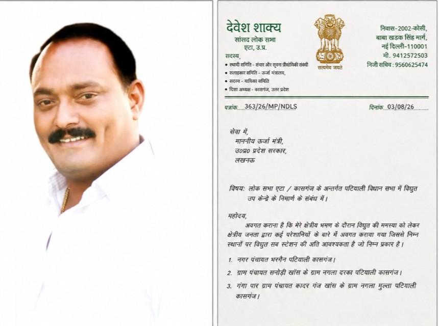 पटियाली में तीन नए 33 केवी विद्युत उपकेंद्र बनाने की मांग, सांसद ने ऊर्जा मंत्री को भेजा पत्र